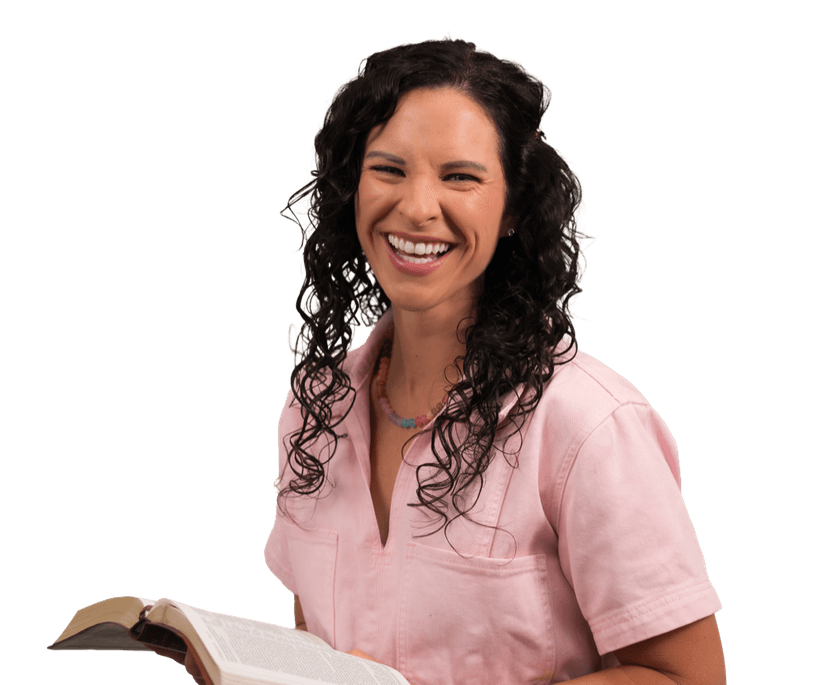 Lauren laughing, holding her Bible